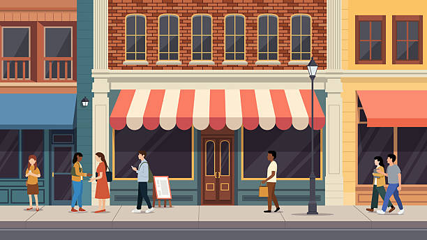 Urban City Street with Vintage Storefronts and Diverse People.Flat Design Streetscape with Shops and Pedestrians.Small Business Shop Facades with People Walking on a City Sidewalk