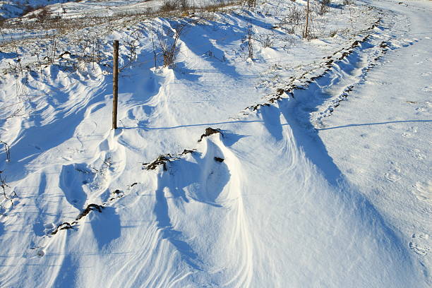 A snowy landscape with a fence. Snow. Outdoor. Nature. Skiing. Covered