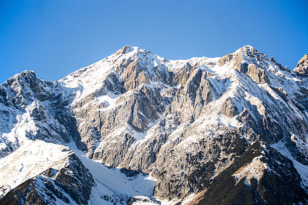 Dramatic snow-covered alpine mountain peaks under a clear blue sky, showcasing rugged rock formations and winter landscape in the European Alps.