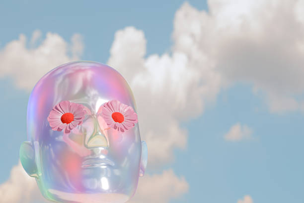 A translucent head with pink flowers in its eyes floats against a blue sky with clouds. 3d rendering