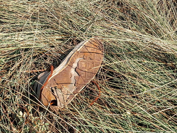 broken shoes thrown on the thick green grass