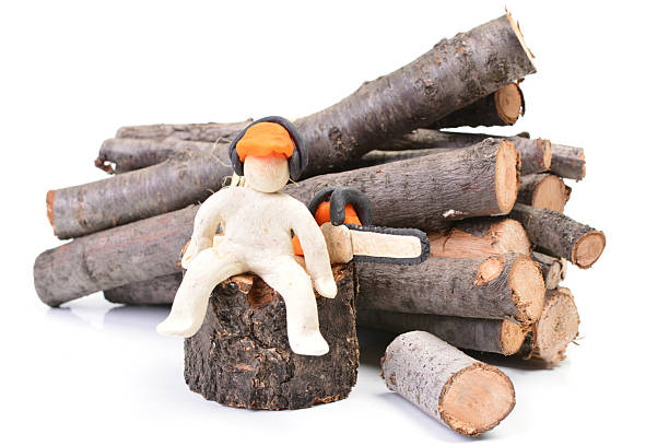 A pile of firewood with a chainsaw resting on it. Preparing for the heating season.