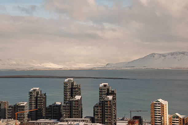 A panoramic view of Reykjavik, Iceland, showcasing modern high-rise buildings against a backdrop of snow-capped mountains and a calm sea under a cloudy sky.