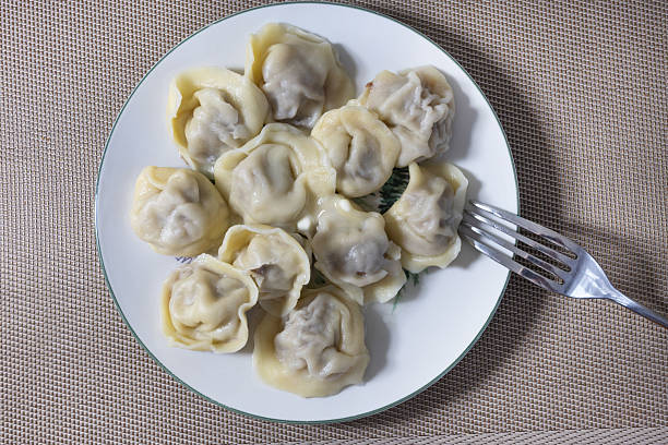 Homemade dumplings with meat. Dumplings on a plate. Diet dumplings.