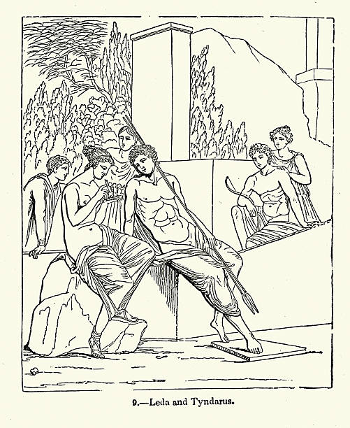 Greek mythology, Leda and Tyndareus are central figures in Greek myth, with Leda as the beautiful queen of Sparta, wife to Tyndareus,, Vintage illustration