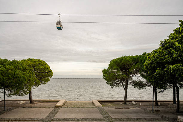 Lisbon Portugal December 18 2025. Cable car cabin moves above a riverside promenade with trees and the Tagus river in Parque Tejo.