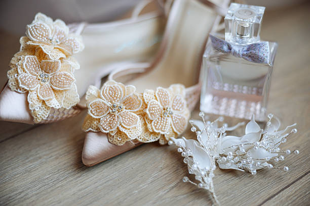 Wedding accesories background. Pearl earrings and necklace. Bride getting ready for the ceremony. Wedding fashion.