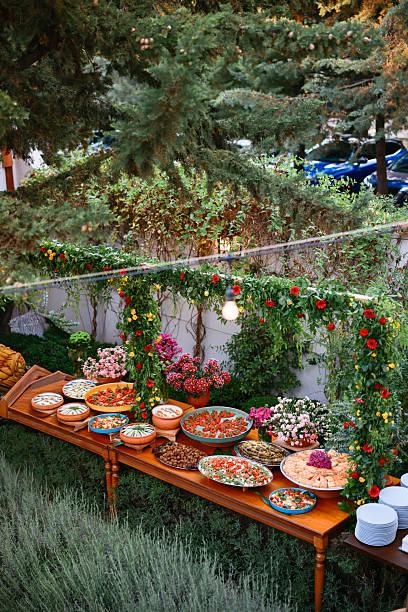 Buffet with verity of meat dishes. Cold salad and garnish buffet at the hotel restaurant