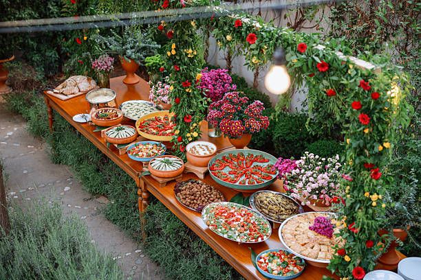 Buffet with verity of meat dishes. Cold salad and garnish buffet at the hotel restaurant