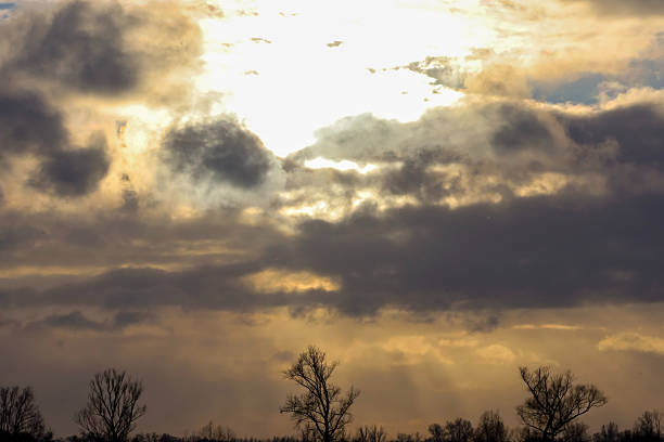 The sun's rays pierce through heavy, textured clouds, casting a warm glow on the horizon above a line of bare trees