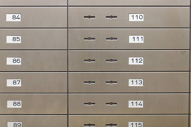 Close up view of metal safety deposit boxes in a bank or post office