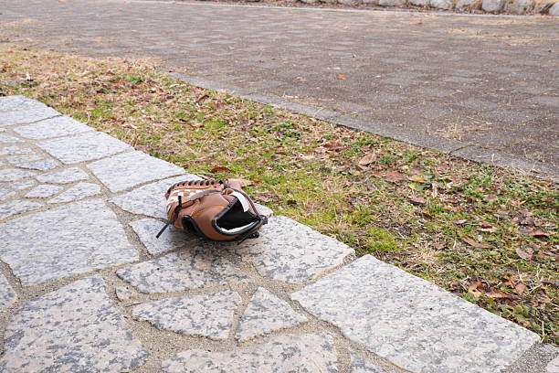 a worn baseball and a brown leather glove resting on green grass and fallen leaves, with a soft-focus bokeh background and copy space. sports design element.