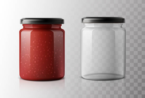 realistic vector illustration. Jam jar in glass container for fruit strawberry or raspberry jam jelly. Marmalade pack with cap mock-up design.
