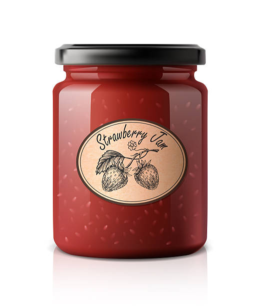 realistic vector icon illustration. Strawberry jam glass jar package design, mockup with designed rustic label.