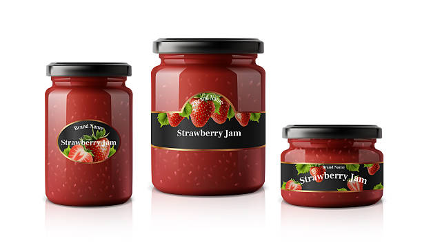 realistic vector icon illustration. Set of different glass jars with strawberry jam labels. Isolated on white.