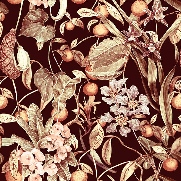 istock A tropical seamless pattern with orange fruits, orchid flowers, milkweed, and Lagerstroemia. Botanical wallpaper with exotic plants, hand-painted in watercolor. 2255625295