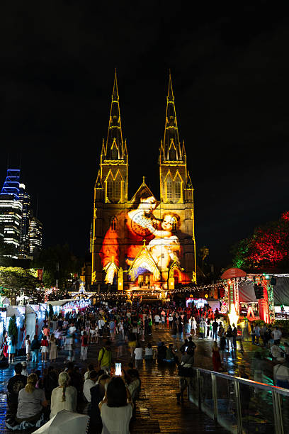 Sydney, Australia - December 19, 2025: St Marys Cathedral with Mary and Jesus projection from Christmas light.