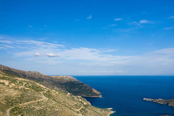 A tranquil aerial scene shows a rugged coastline with a winding path along the hills meeting the deep blue Mediterranean Sea in Magne, Greece. Wispy clouds drift across a vibrant sky, highlighting the contrast between rocky terrain and open water.