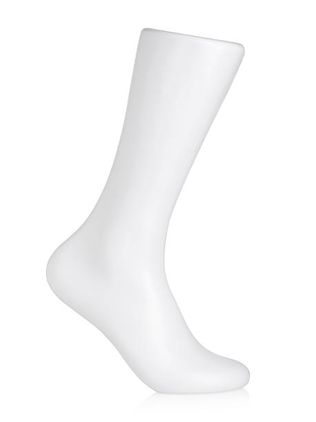 White plastic mannequin with a raised heel for a sock ad, isolated on a white background, side view