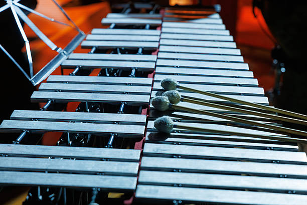 A vibraphone rests on stage under warm lights, mallets placed across metal bars, awaiting a live performance in an orchestral concert setting