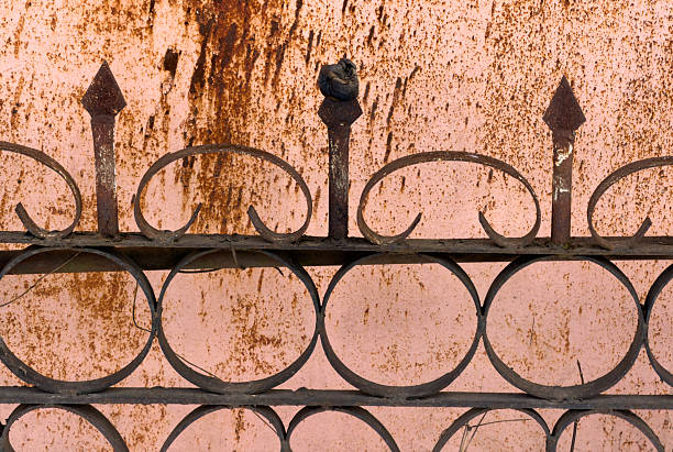 A rusty metal fence with a bird on it. The fence is old and has a lot of rust