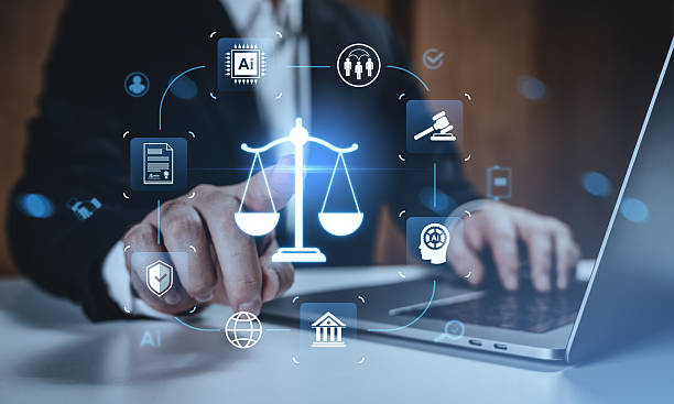 istock Legal tech and AI integration concept with justice scale icons over businessperson using laptop on digital interface background in modern office environment. 2255644929