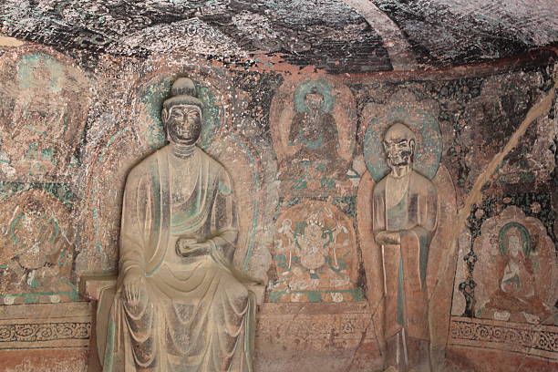 Buddha and Bodhisattvas statues and mural painted on the mountain walls in the grottoes is still well-preserved and intricate details at Bingling Temple Grottoes in Yongjing County, Gansu Province