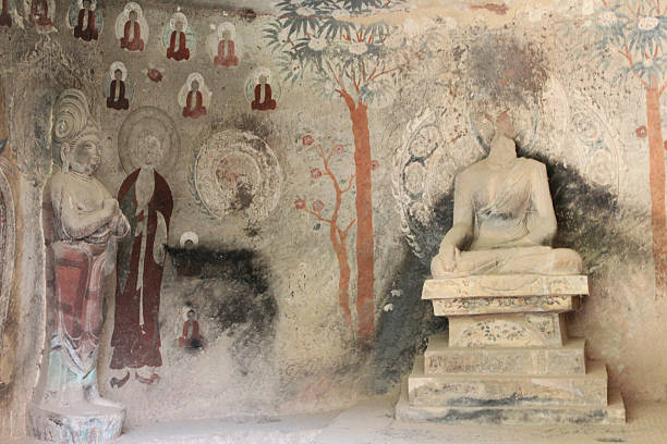 Mural painted on the mountain walls in the grottoes is still well-preserved and intricate details at Bingling Temple Grottoes in Yongjing County, Gansu Province
