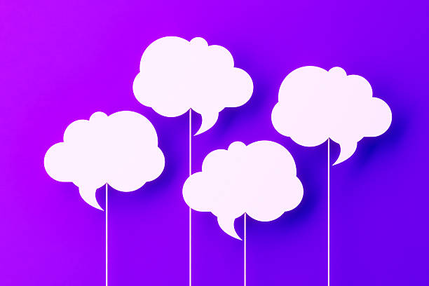 A clean, professional composition featuring speech bubbles arranged on a vibrant purple gradient background. This visual is designed for business communication, customer support messaging, and digital marketing. The minimalist shapes provide a structured copy space for mockups, ideal for presenting FAQ answers, corporate quotes, or social media dialogue in a modern and organized aesthetic.