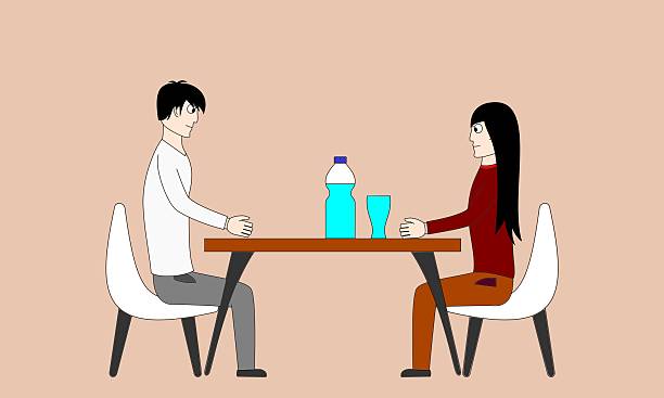 stockillustraties, clipart, cartoons en iconen met a man and a woman sit at a table with a bottle and two cups - heteroseksueel koppel