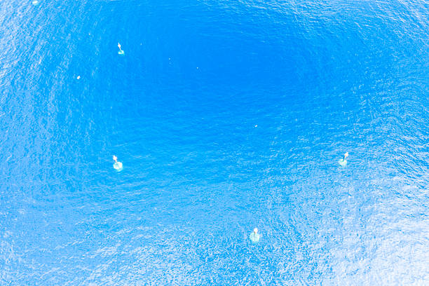 Aerial perspective of several floating buoys scattered across vibrant blue sea. The rippling water surface creates a minimal, abstract composition with subtle light reflections.