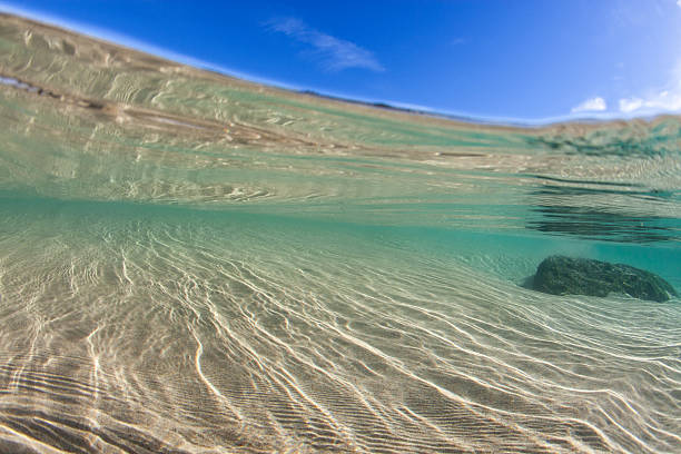 Idyllic under over split view of shallow ocean water and clean patterned beach sand. Captured from below the oceans surface with a wide angle lens on a blue sky sunny day.