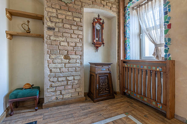 old concrete wall , window , door and chair