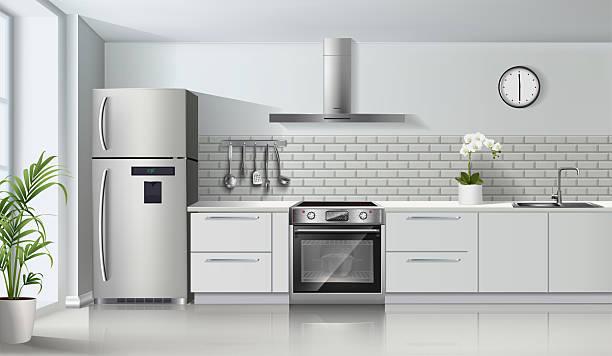 modern light color realistic kitchen interior with gas stove and oven, cabinets, shelves, and fridge.