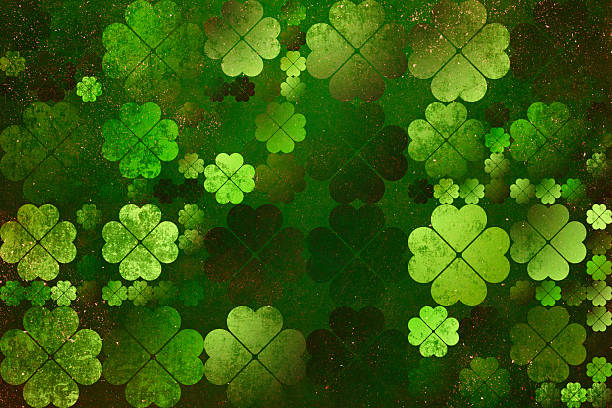 This vibrant abstract background captures the festive spirit of St. Patrick's Day through layered green four-leaf clovers and a weathered, vintage texture. Ideal for holiday designs, this emerald green composition conveys a sense of traditional Irish luck and timeless, rustic visual charm.