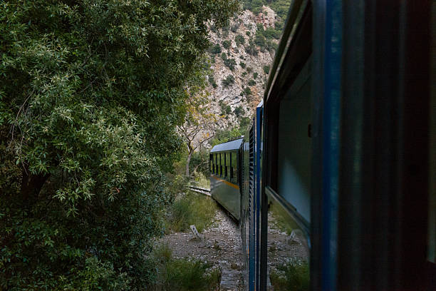 A narrow-gauge train curves along tracks bordered by dense green foliage and rugged limestone cliffs in Vouraikos Gorge near Kalavrita, Greece. The scene captures the wild landscape and the unique journey through this dramatic mountain railway route.