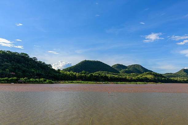 Wide view of the muddy Mekong river flowing past lush green hills near Luang Prabang, Laos. Clear blue sky and vibrant vegetation create a fresh, natural landscape ideal for travel and nature concepts.