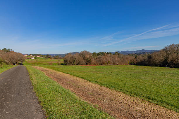 Desolate dirt road with vehicle tracks in a village in northern Spain. High quality photo