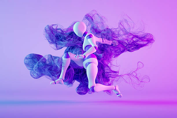 A high-tech white humanoid robot jumping dynamically through a swirling cloud of abstract purple and blue smoke. This 3D visualization represents artificial intelligence agility, speed, and the rapid evolution of robotics. It highlights themes of power, motion, and digital breakthrough as the android moves effortlessly through a futuristic environment, symbolizing the advancement of machine learning and automation.