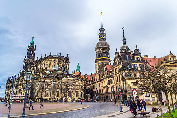Dresden,Germany-December-December 19 2014:View of Dresden Castle on rainy winter day.Palace state art collection venue rebuilt after wartime bombings with an iconic domed courtyard.