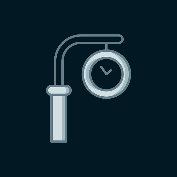 Line Train station clock icon isolated on black background. Flat filled outline style with shadow. Vector.