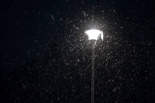 A streetlight illuminates the snowstorm at night.