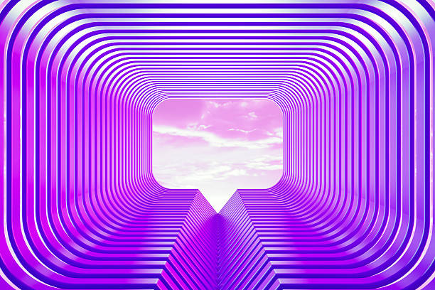 A high-tech 3D abstract visualization of a neon purple tunnel leading to a bright, glowing speech bubble portal. This imagery represents the gateway to Artificial Intelligence (AI) chatbots, virtual customer support, and advanced machine learning communication. The repeating geometric lines create a sense of depth and data flow, highlighting themes of digital transformation, automated messaging, and the future of human-computer interaction in a sleek, futuristic aesthetic.