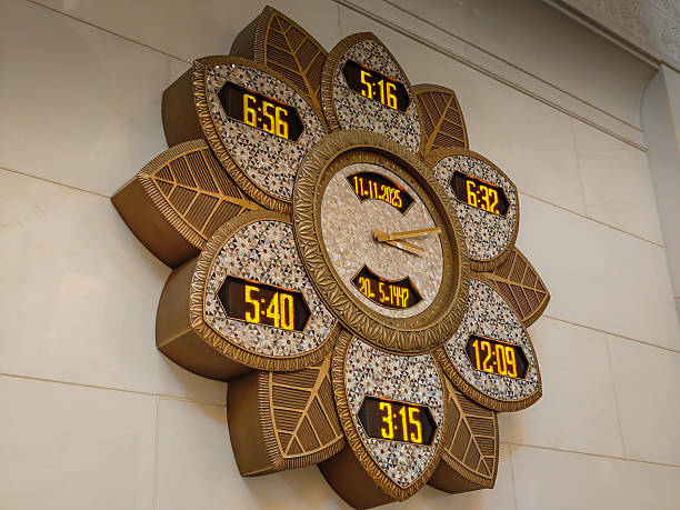 Islamic prayer clock. Arabic Muslim prayer clock and calendar, based on the movements of the sun as well as the lunar calendar