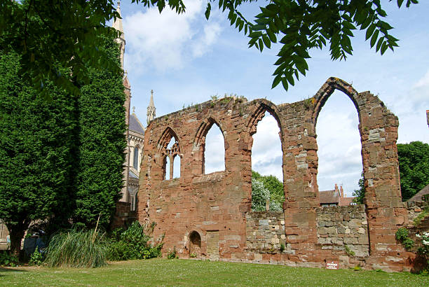 Worcester - England, United Kingdom - May 25, 2022: The remaining stone structures of Worcester Cathedral revealing centuries of religious architecture and history