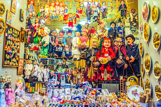 Prague,Czech Republic- December 18 2014:shop window displaying traditional Czech marionettes and puppets for sale. These items are a popular souvenir in Prague,