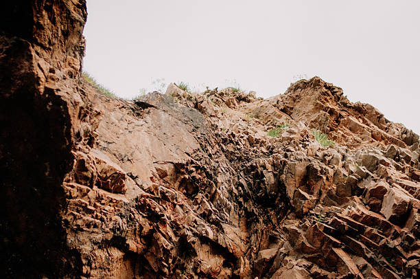 Low-angle view of a rugged, reddish-brown rock cliff with sparse vegetation under an overcast sky.