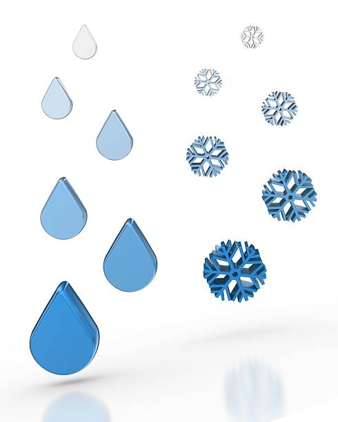 3d render. Vibrant blue water drops beside intricate snowflakes in a clean white setting. This abstract, modern image conveys cold, wintery, and refreshing themes suitable for technology, science, or seasonal campaigns.