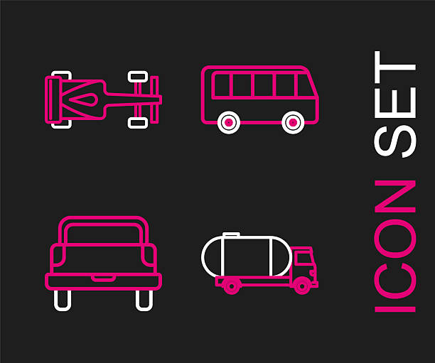 Set line Tanker truck Pickup Bus and Formula race car icon. Vector.