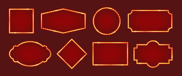 Set of circus marquee frames with glowing bulbs in retro style for posters, tickets and banners. Vector illustration.
